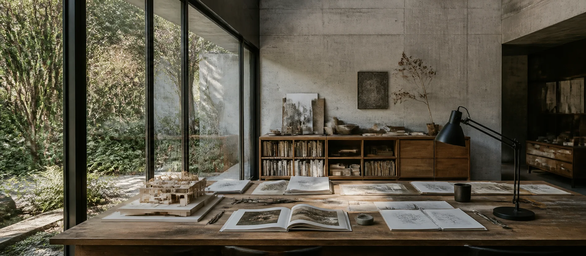 Espacio de trabajo con una mesa de madera, libros, dibujos y un jardín visible tras grandes paños de vidrio